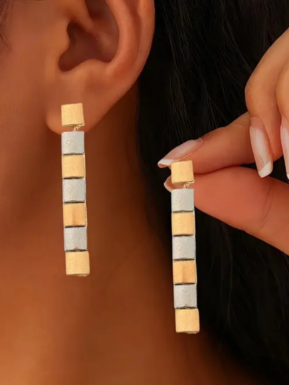 Minimalist Mixed Metal Cube Geometric Dangle Earrings; 2.23" Long; NWOT